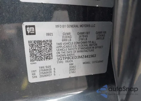 2021 GMC Sierra 1500 2Wd Short Box Elevation из США, поврежденный, VIN 1GTP8CED3MZ441563